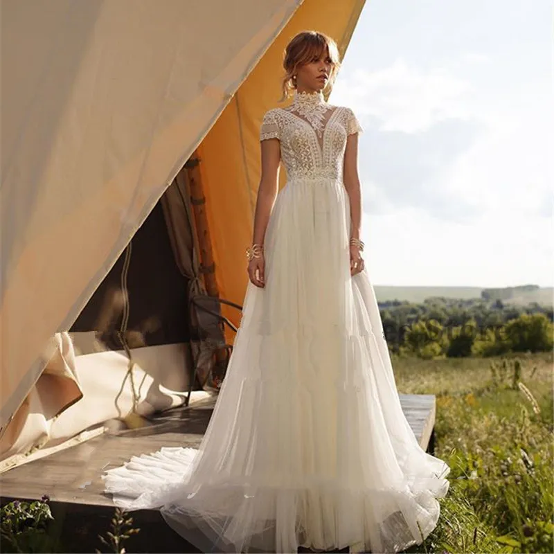 short sleeve high neck wedding dress Short Sleeved Wedding Dresses