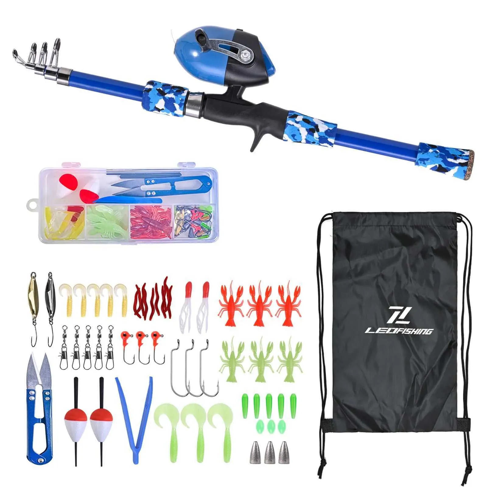 Kit De Pêche Complet Pour Enfants – Canne Télescopique 1,5 M, Moulinet Pré-bobiné, Boîte à Outils, Sac – Bleu