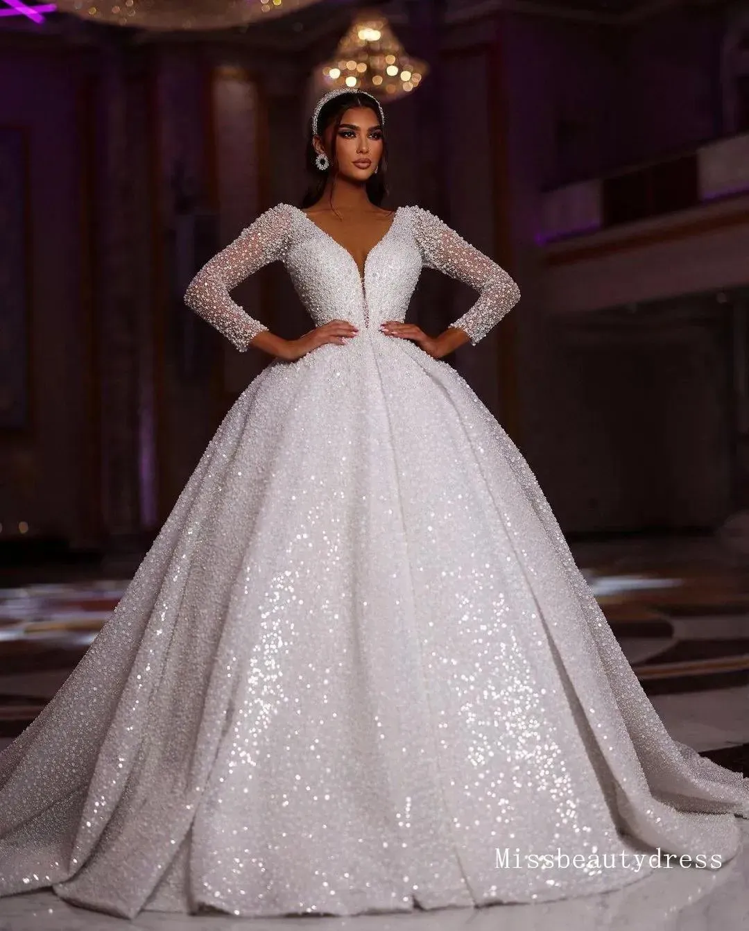 sequin wedding dress long sleeve Elena Long-Sleeve Pattern Sequin Gown