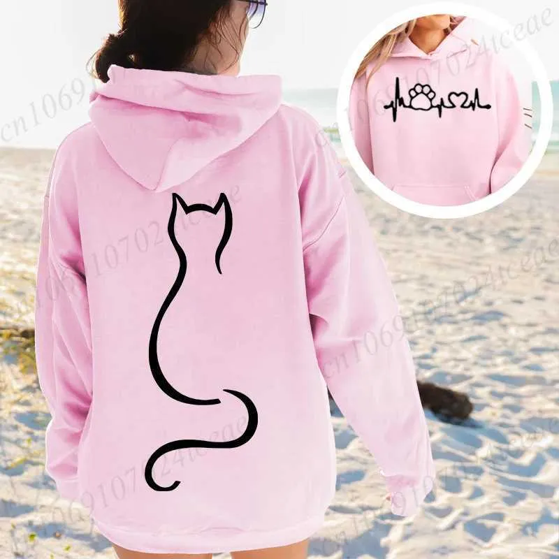 Save Big on Bulk Women Casual Hoodies Women Cute Cat Heatbeat Print  Sweatshirts Harajuku Hip Hop Streetwear Casual Fashion Fce Hoodies Pink  W251014
