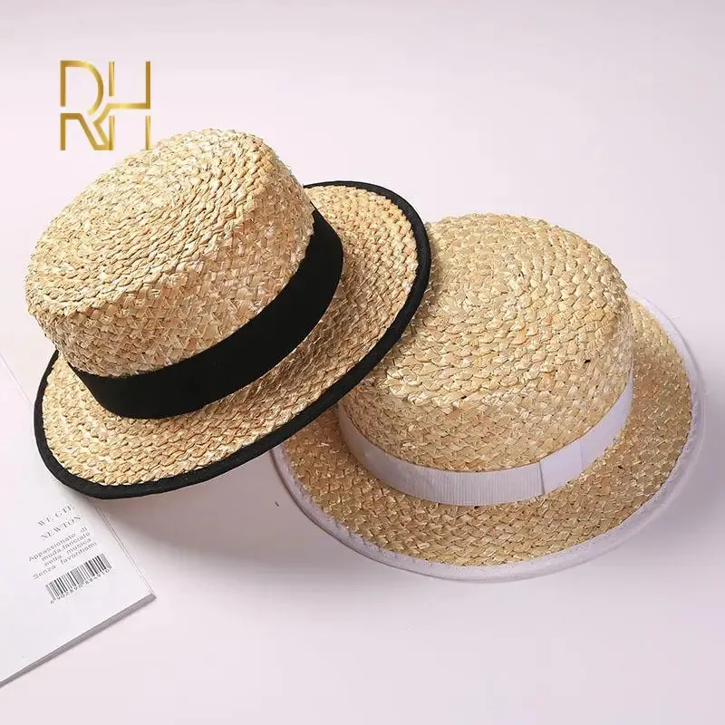 Stiff Ribbon Hat Summer Women's Natural Stiff Wheat Straw Boater Fedora Top Flat Hat ...