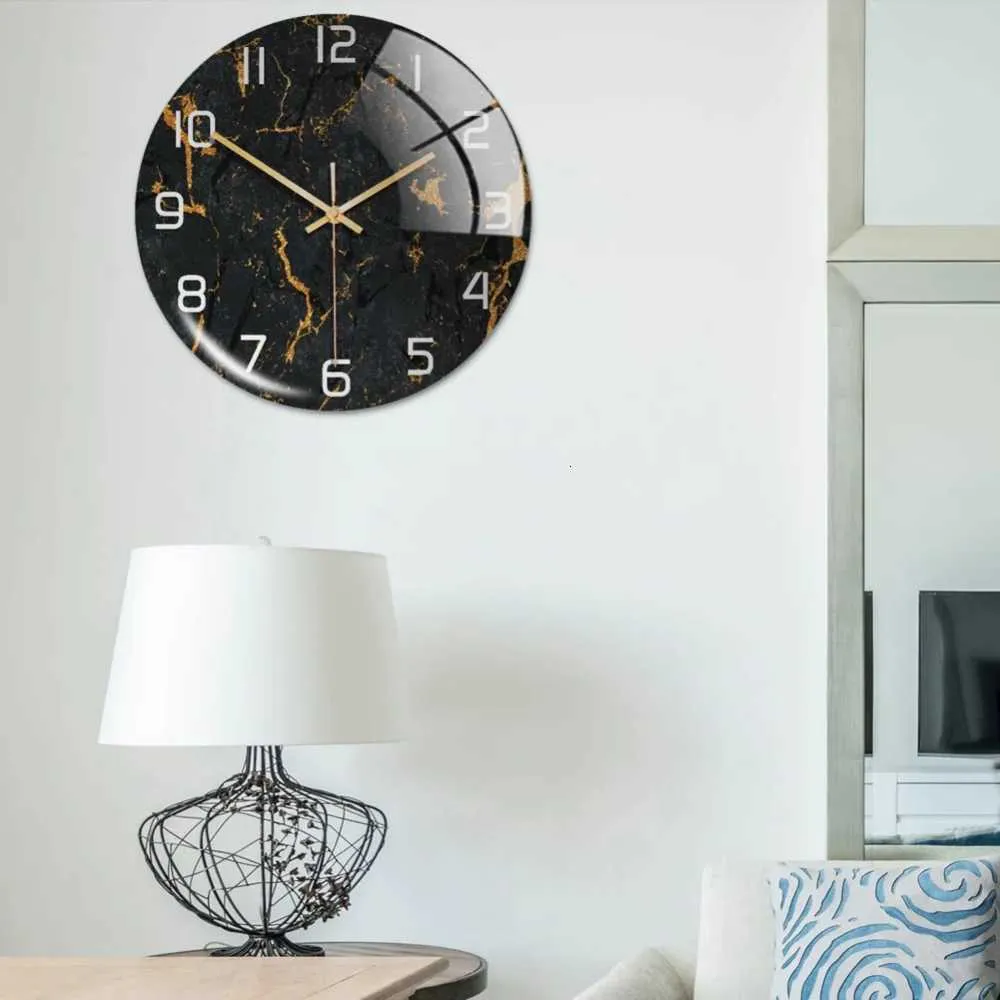 Luxury 3D Acrylic Black Gold Marble Pattern Wall Clock with Metal ...