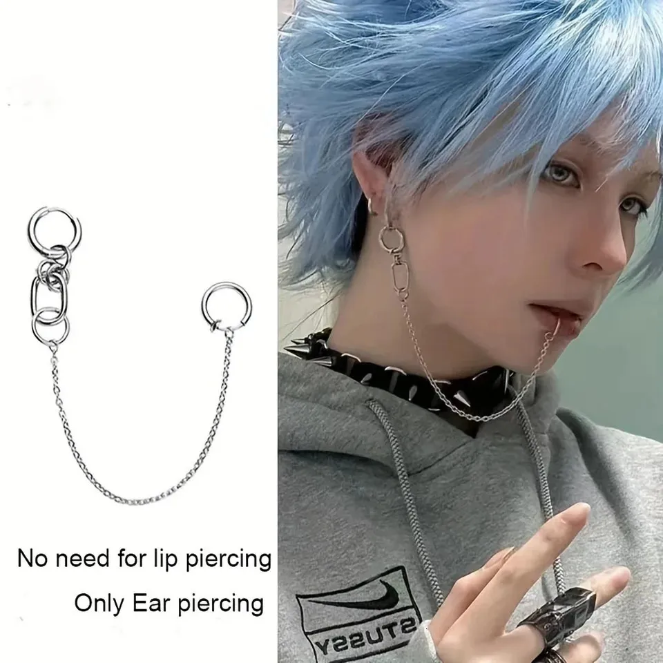 Lip Ring Fake Lip Chain Fake Lip Piercings Double Cross Lip Ring