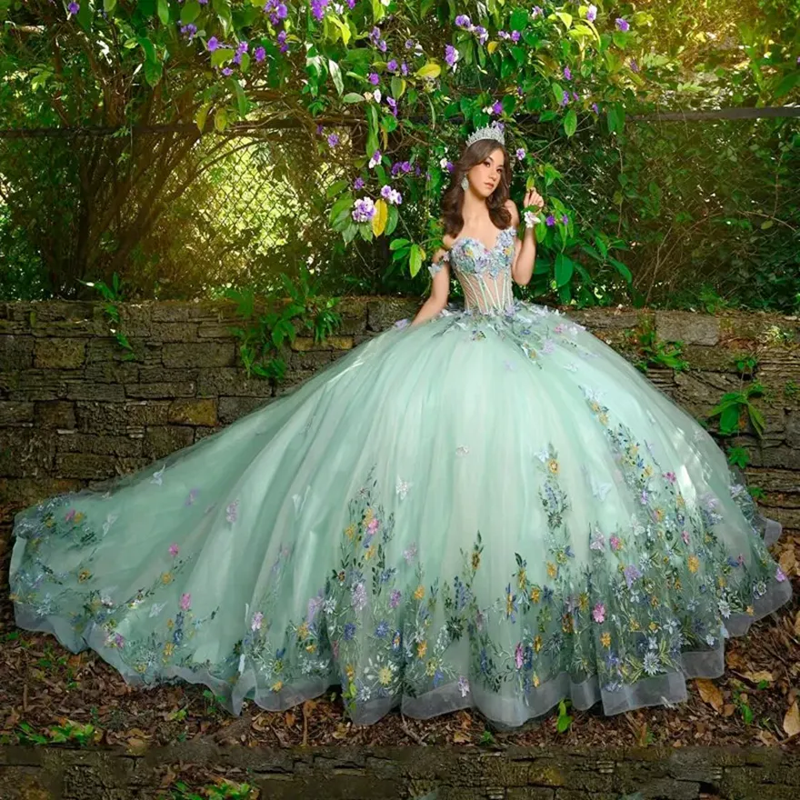 LuxeEspy Quinceanera Dresses With Cape For Sweet 16 Puffy Ball Gown For Woman With Sparkly Butterfly SE006