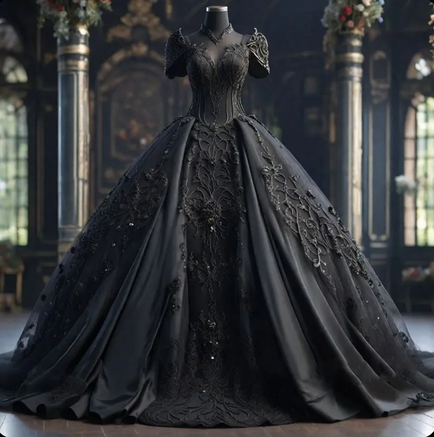 O16 Gothic Black Satin Applique Ball Gown Wedding... From Redwhitebliss ...