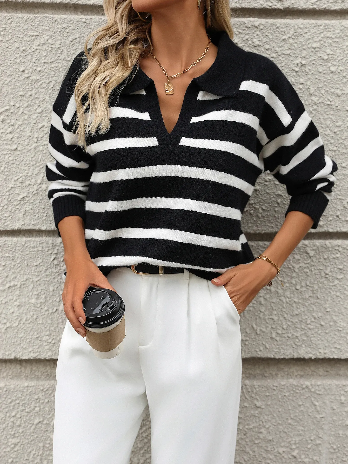 Maglione da donna con scollo a V, a righe, con bottoni, stile vintage, casual, a maniche lunghe, lavorato a maglia, bianco, S