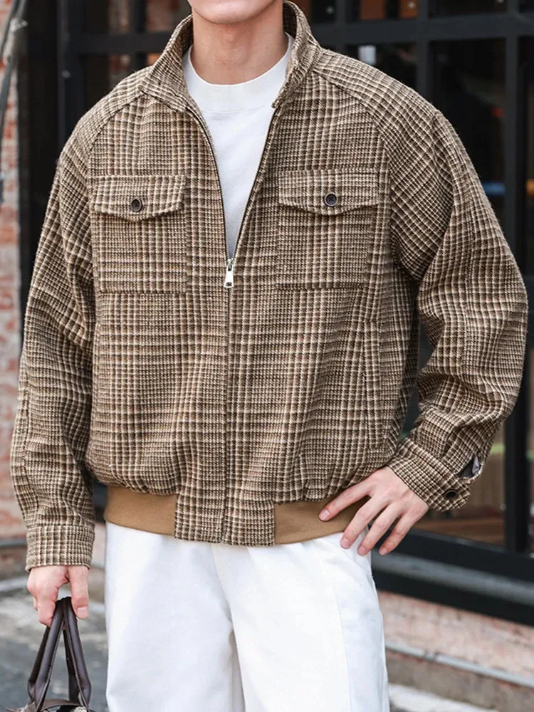 Vintage Houndstooth Print Jacket Coat Mens Fall Winter Outdoor Casual ...