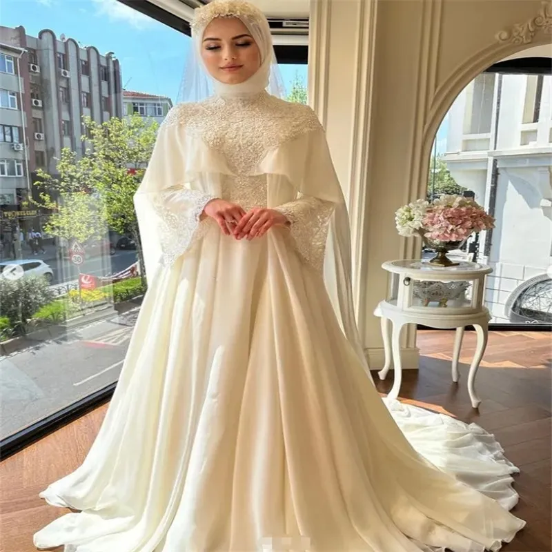 white and gold muslim wedding dress Luxury Islamic - Elegant Long Sleeve Lace Bridal Gown with Cape traditional muslim wedding dress