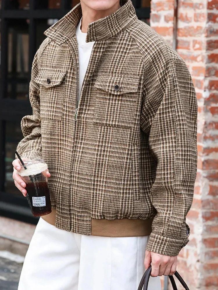 Vintage Houndstooth Print Jacket Coat Mens Fall Winter Outdoor Casual ...