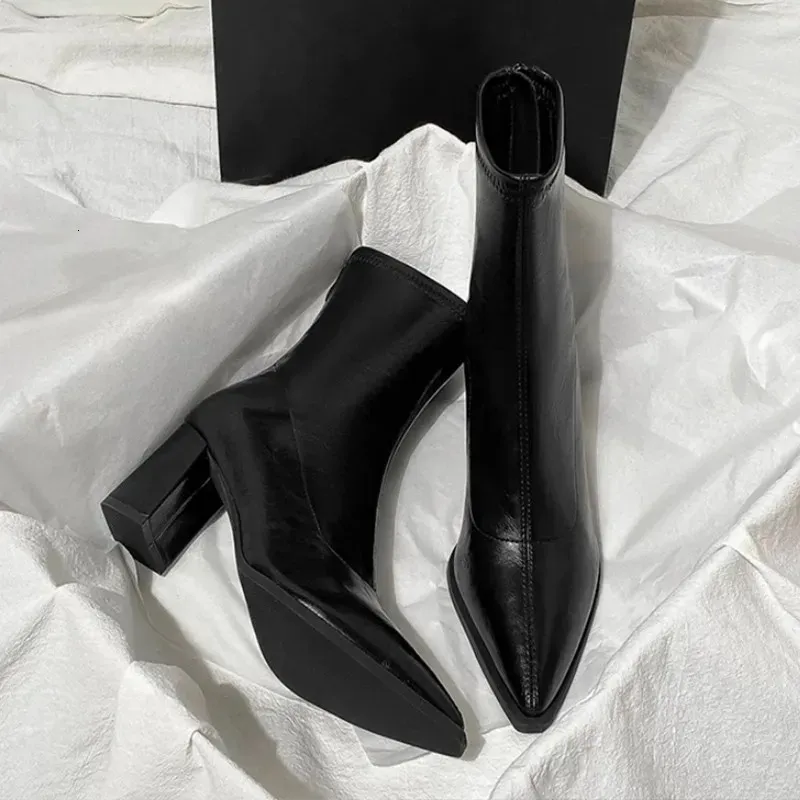 Autumn Winter Vintage Thick Heel Slim Ankle Boot Women Fashion Pointed Toe Stripper Party Modern Short Botas Para Mujer_voghion.com