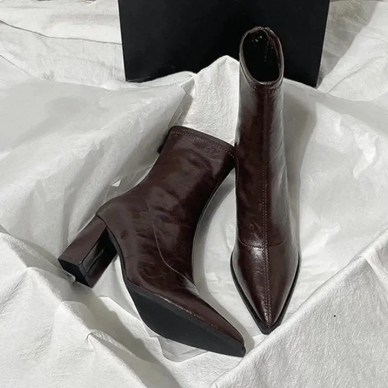 Autumn Winter Vintage Thick Heel Slim Ankle Boot Women Fashion Pointed Toe Stripper Party Modern Short Botas Para Mujer_voghion.com
