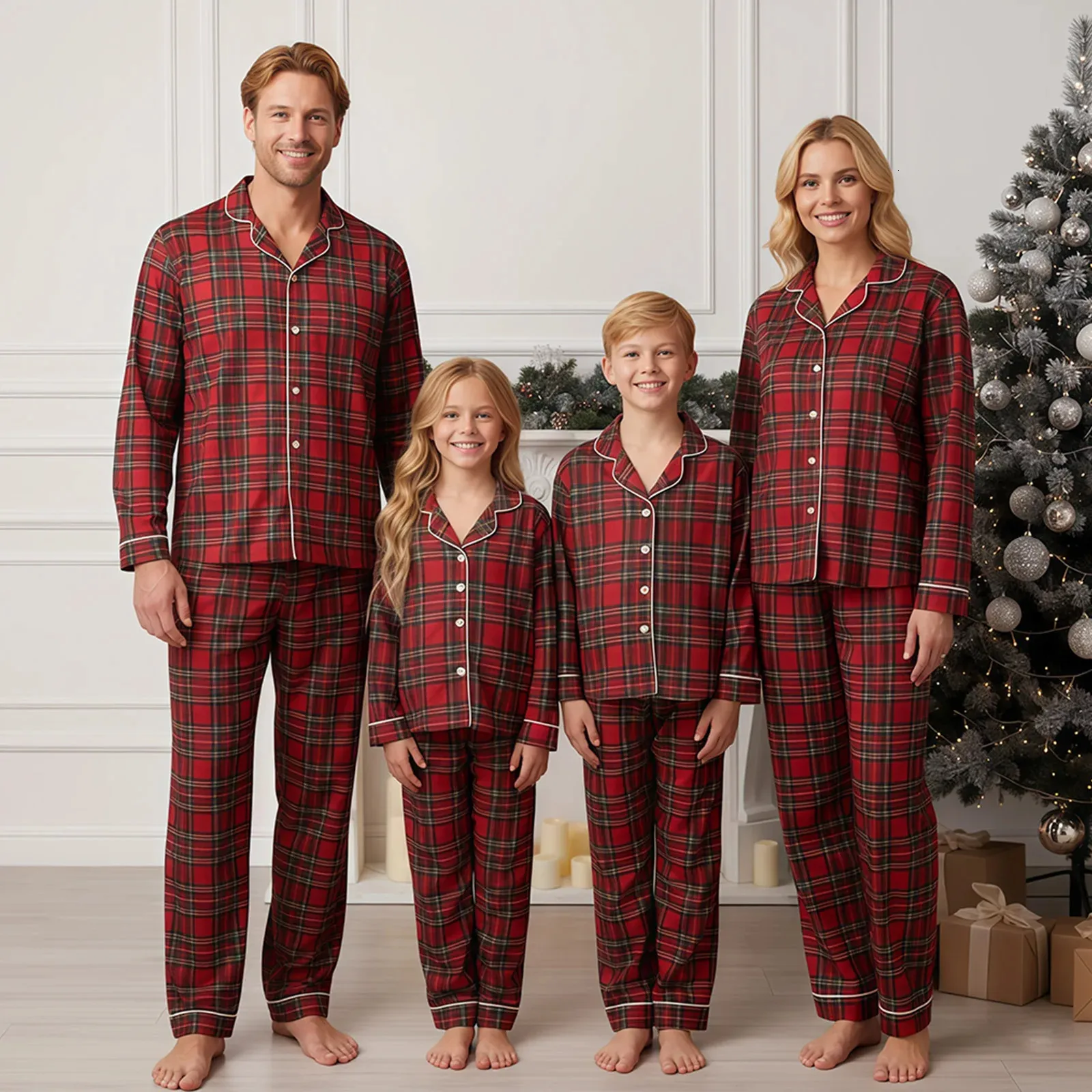 Family Christmas Pajamas Matching Sets Adult And Kids Xmas Red Plaid ...