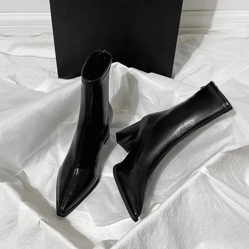 Autumn Winter Vintage Thick Heel Slim Ankle Boot Women Fashion Pointed Toe Stripper Party Modern Short Botas Para Mujer_voghion.com