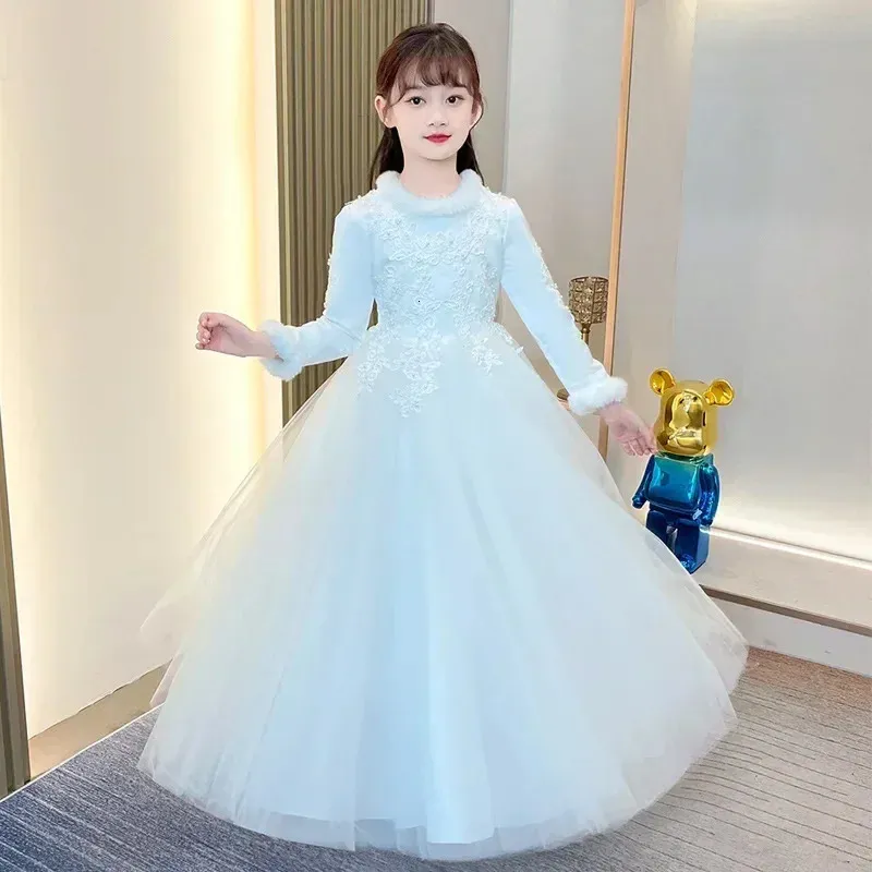 Childrens Mesh Lace Long Sleeve Princess Dress - Warm Tatting Weave,  Decorative Rope Detail, Winter Kids Bridesmaid & Evening Dress for Girls  4-14 ...