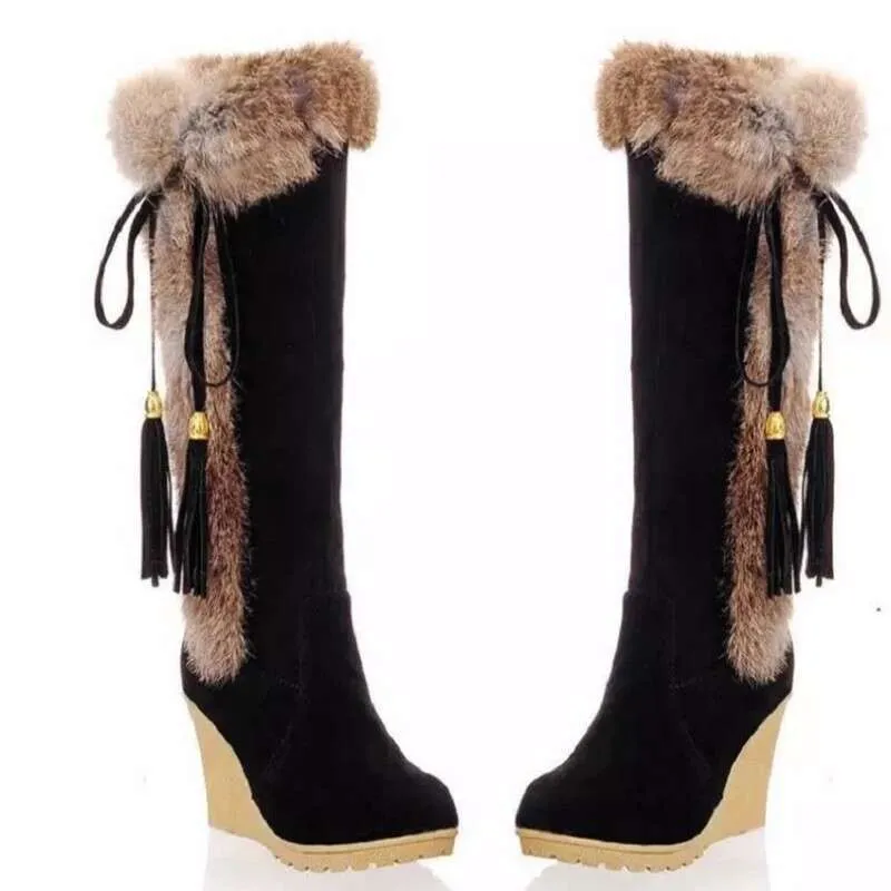 Women's 2025 Winter Snow Wedge Heel Boots with Plush Faux Fur Collar ...