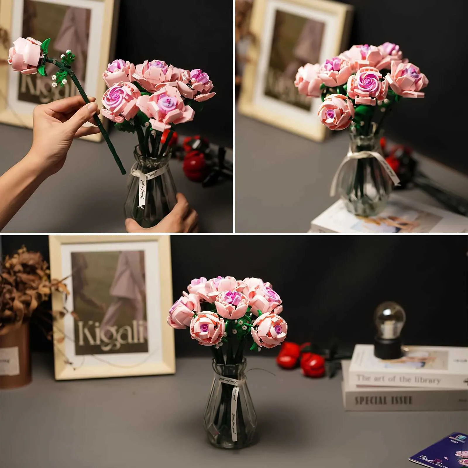 Flower Building Set Pink Roses Romantic Rose Flower Building Blocks Set, Pink Roses Flowers Toys for ...