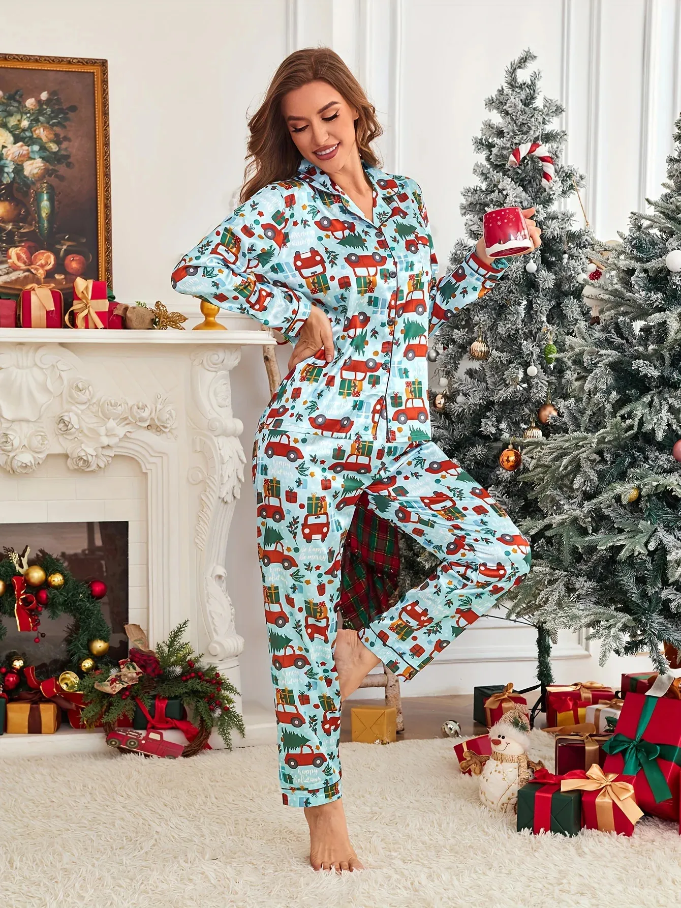 Women's Christmas Tree Print Satin Pajama Set Long Sleeve Buttons Lapel Best Women's Christmas Pajamas