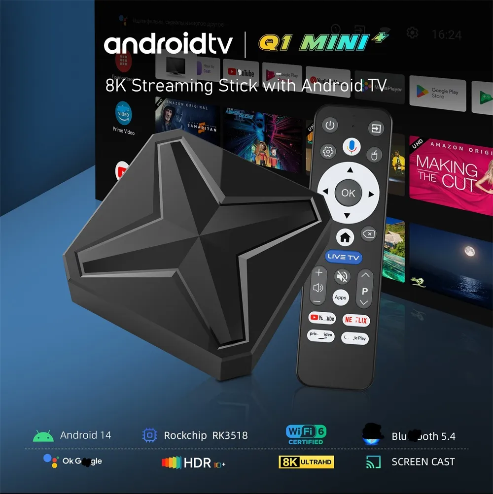 Android TV Box Q1 MINI+ – Android 14, 2GB RAM, 16GB ROM, WiFi 6, 8K, 3D, HDR10, Telecomando Vocale