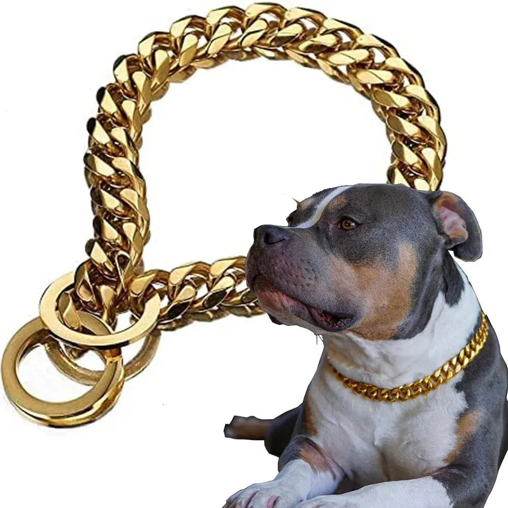ゴールドチェーン犬の首輪 15mm 高耐久メタルキューバリンクスリップ