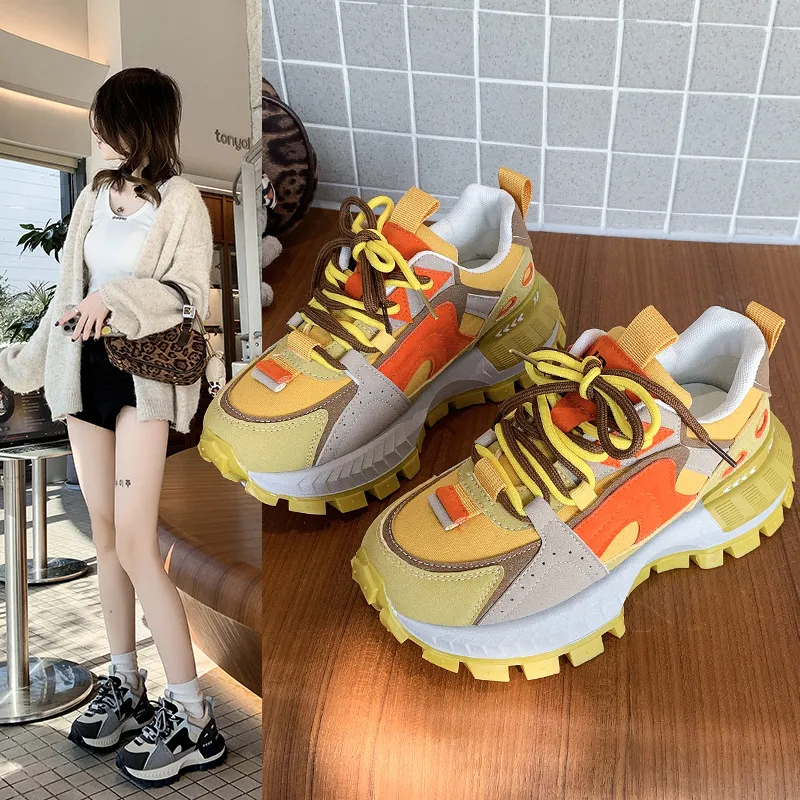 Designer 2025 New Fashionable Color Blocked Casual Thick Soled Height Increasing Versatile Sports Shoes For Woman Yellow_vogvips.com