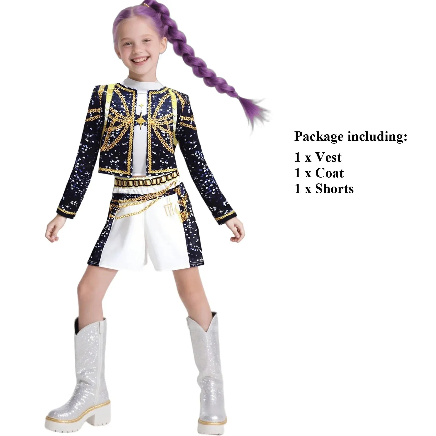 Disfraz De Cazadora De Demonios De 3 Piezas Para Niñas | Chaqueta, Camiseta Y Pantalón Corto Para Cosplay De Halloween Y Carnaval, De Spandex Transpirable