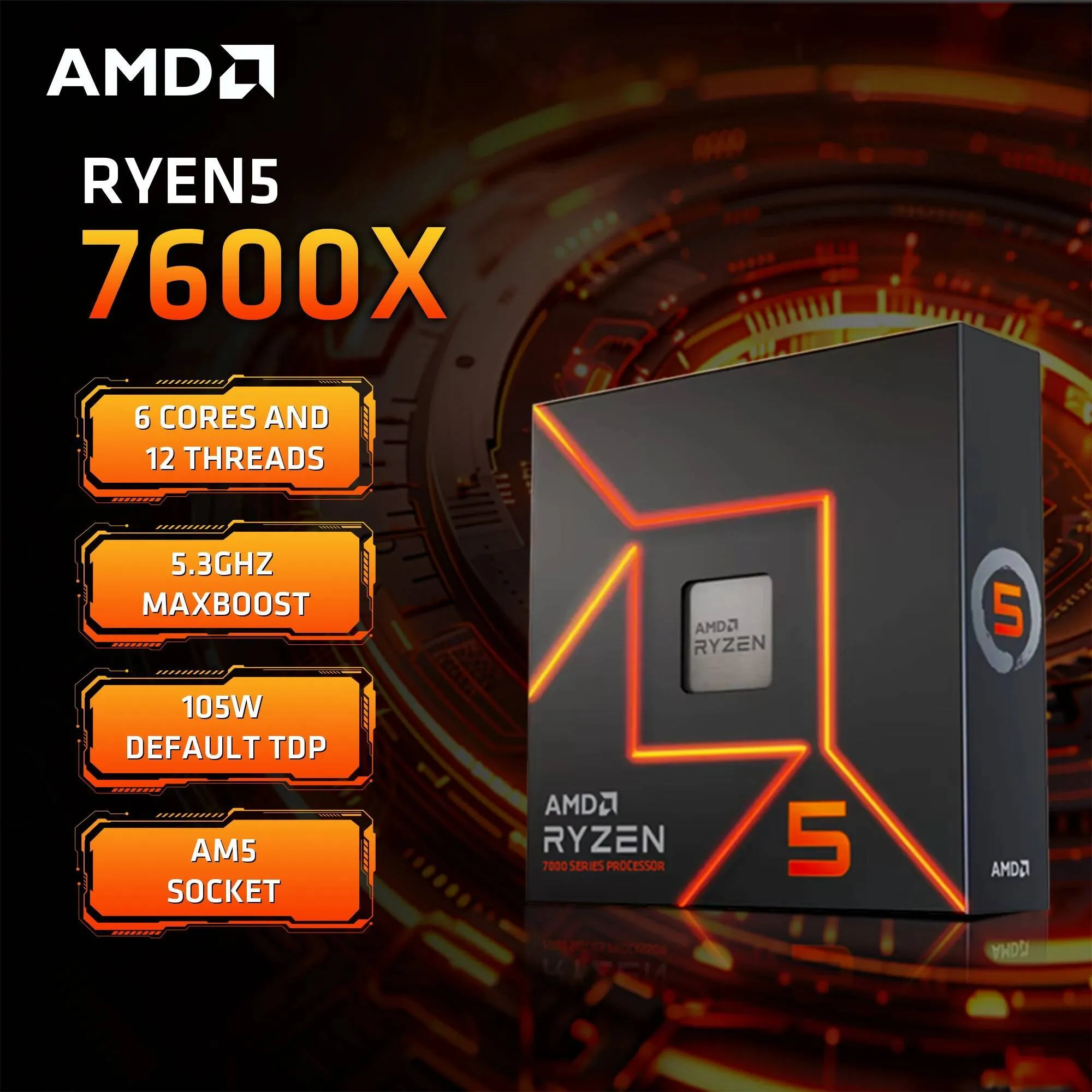 AMD Ryzen 5 7600X ボックス化 47 GHz 6 コア 12 スレッド PCIE 50