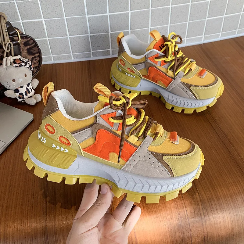 Designer 2025 New Fashionable Color Blocked Casual Thick Soled Height Increasing Versatile Sports Shoes For Woman Yellow_vogvips.com