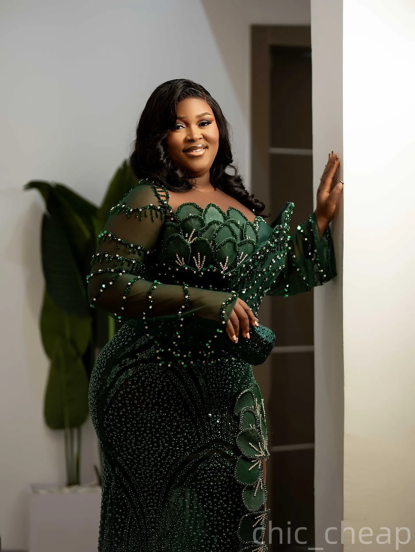 Sheath Dark Green Prom Dress with Crystal Beaded Flowers, Long Sleeves, Lace-up Back, Sweep Train, Plus Size Formal Evening Gown from Dhgate Prom Dresses