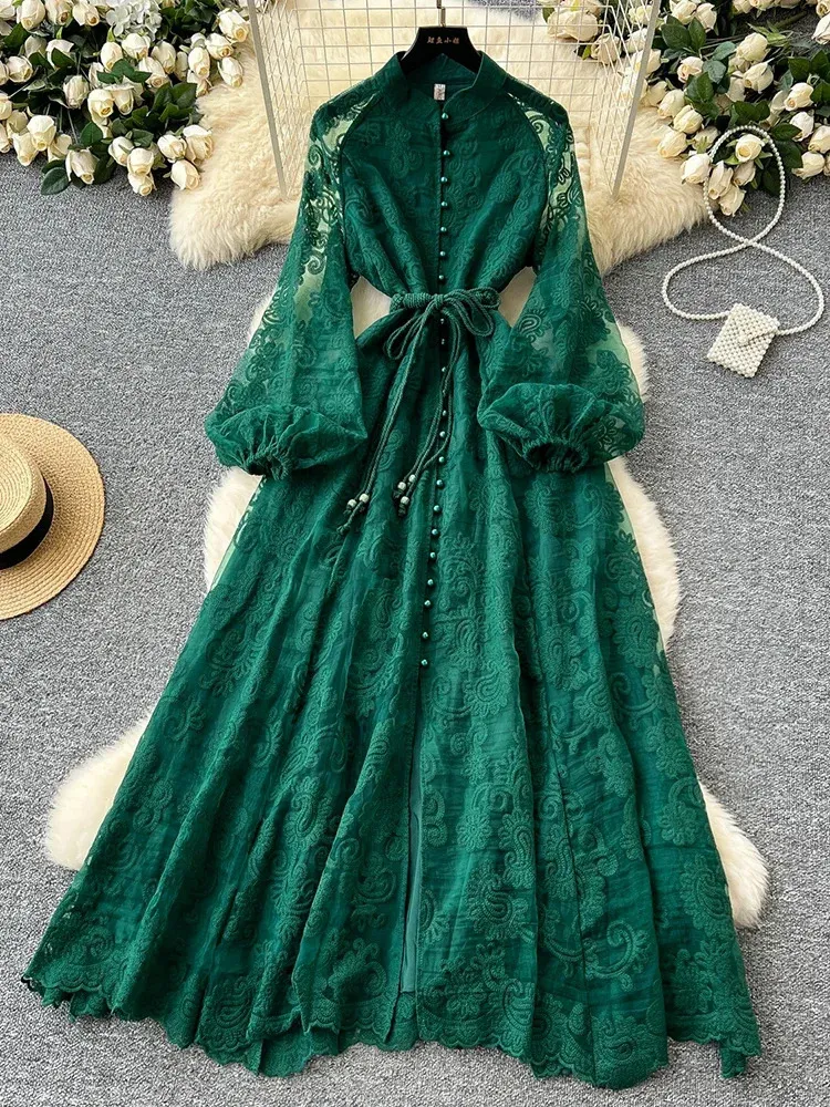autumn lace dress elegance EastFlair Women's Elegant Burgundy Autumn Lace Dress,Chinese Style Cheongsam Button Decor Flare Sleeve Fitted Party Dress For Wedding Guest Dining Vintage