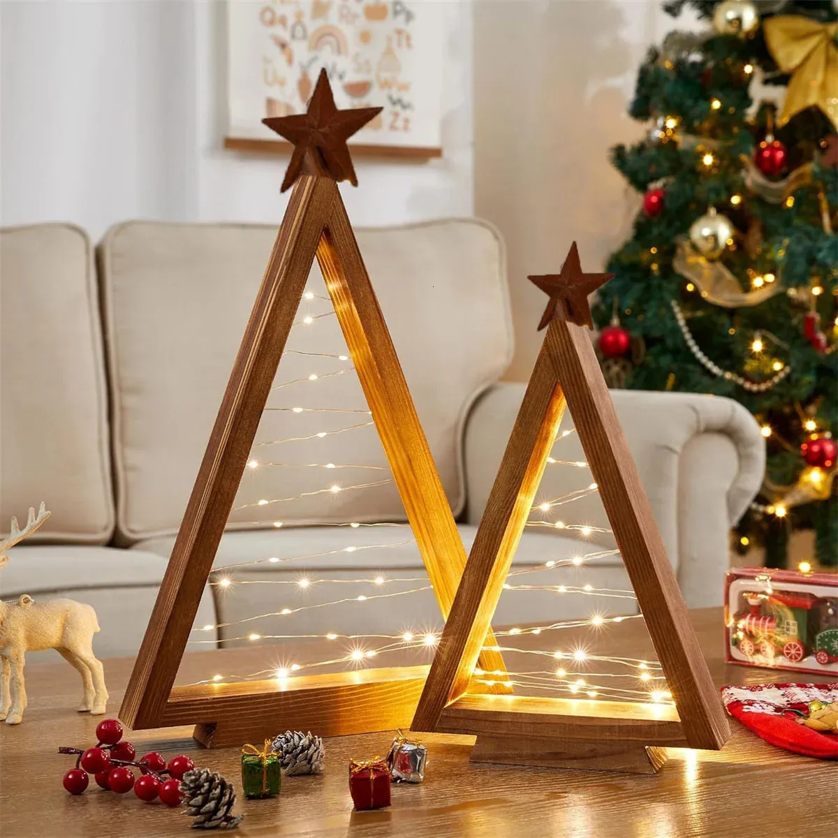 LEDライト付き木製クリスマスツリー2本セット モダンなファームハウス 