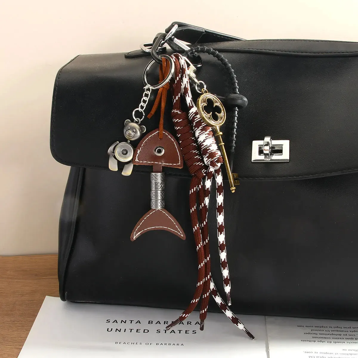 Keychain Y2k Rope Vintage Bear Leather Fishbone Charm Cross Key Keychain Y2K Handmade ...