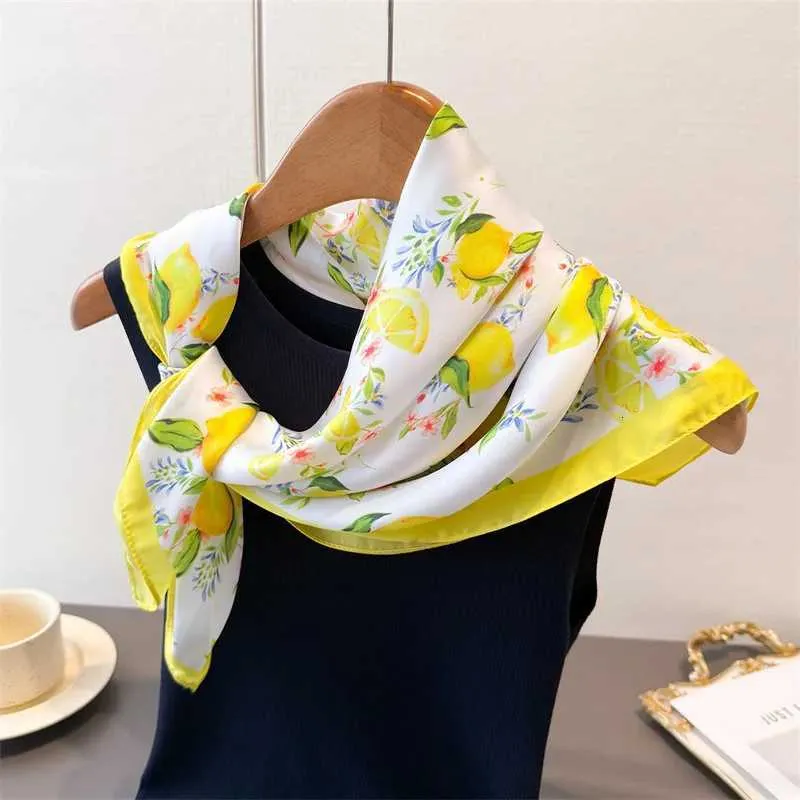 Yellow Lemon & Flowers Print Square Scarf Square Satin Scarf Floral Lemon Print Lightweight Hair Neck  main image 2
