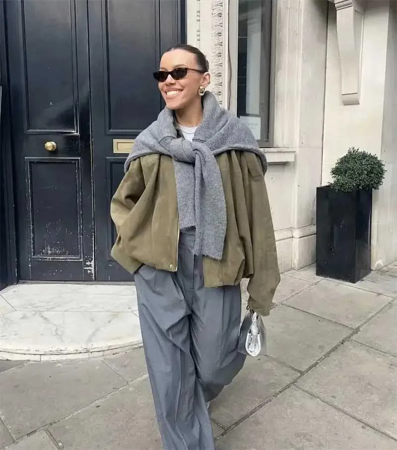 Chaqueta Ante Mujer Manga Murciélago - Cazadora Corta Entretiempo, Liso, Cremallera, Casual