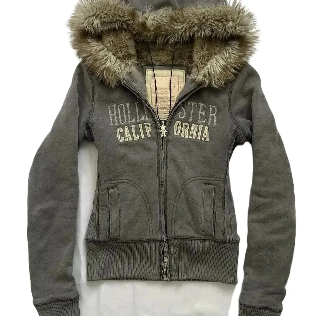 Y2K American Vintage Fur Collar Hooded Sweater Women Winter High