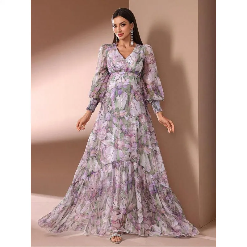 TOLEEN Printed Lantern Sleeves Womens Deep V Neck From