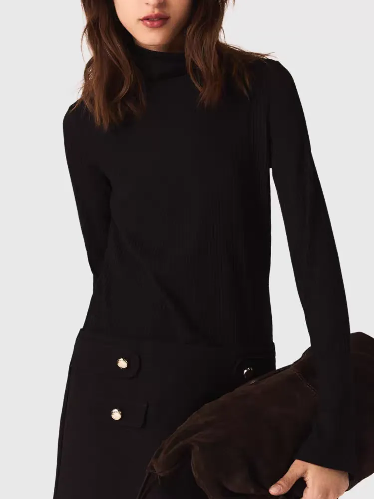 a line dress short turtleneck terne Long Sleeve Mini | Black | Size S long fitted sleeves AEXAE Wool Contoured Turtleneck Long