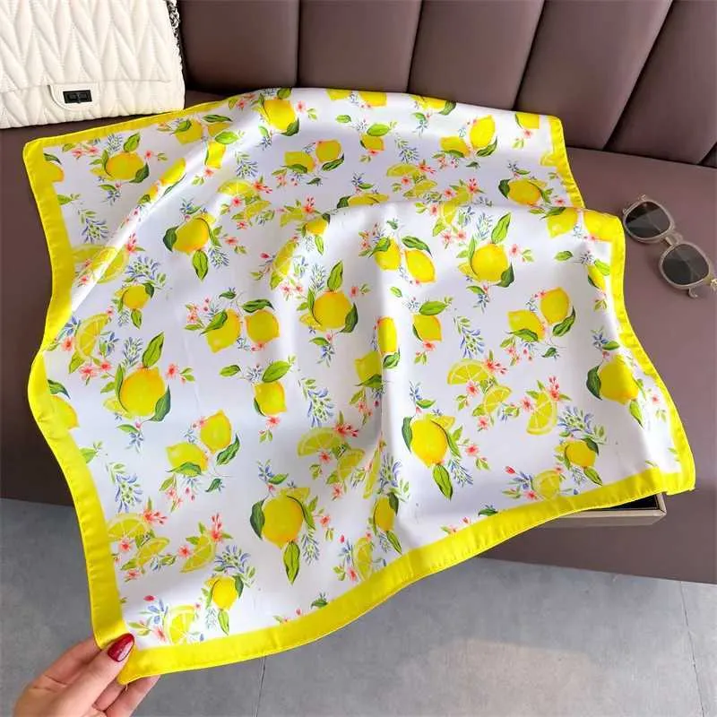 Yellow Lemon & Flowers Print Square Scarf Square Satin Scarf Floral Lemon Print Lightweight Hair Neck  main image 4