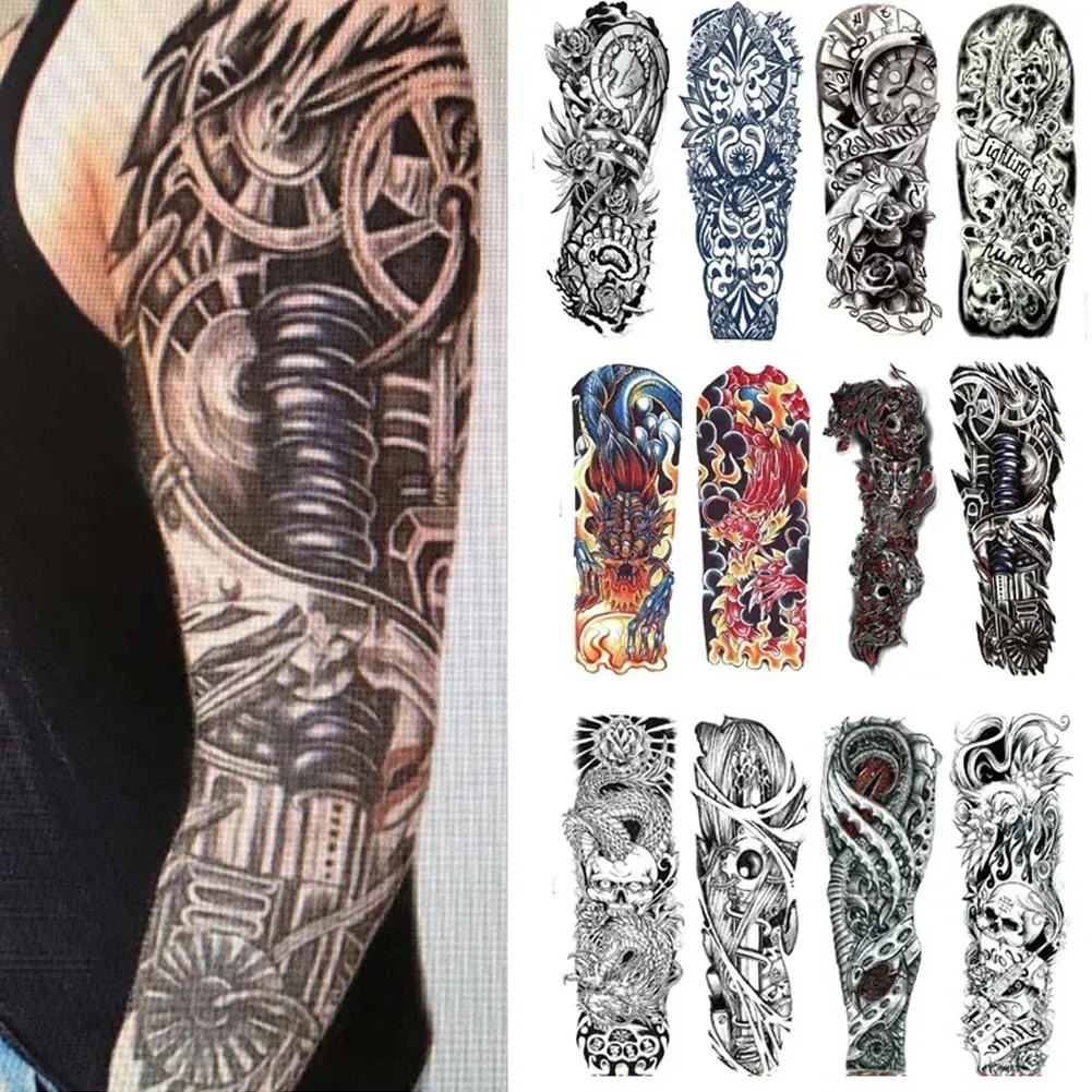 10 Pièces Manchette Tatouage Éphémère Homme - Faux Tatouage Bras Manchon 40cm Polyester Élastique, Style Rock Moto