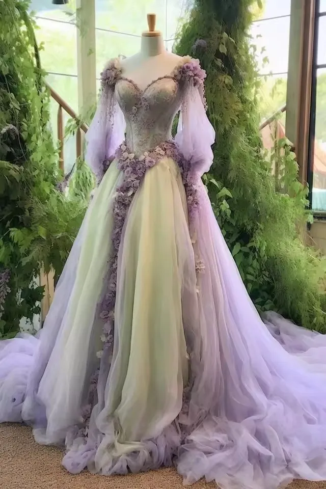purple medieval wedding dress Enchanting Celtic Wedding Gown with Intricate Applique