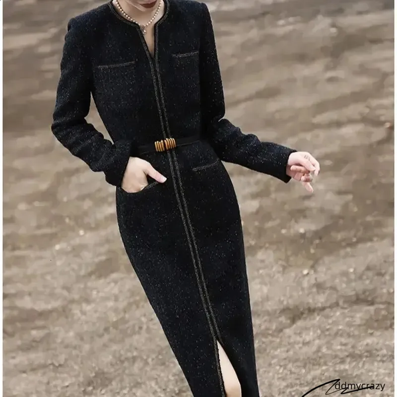 midi tweed dress womens Luxury Tweed Dress Womens Long Sleeve A-line Crew Neck Midi Dress Party Office