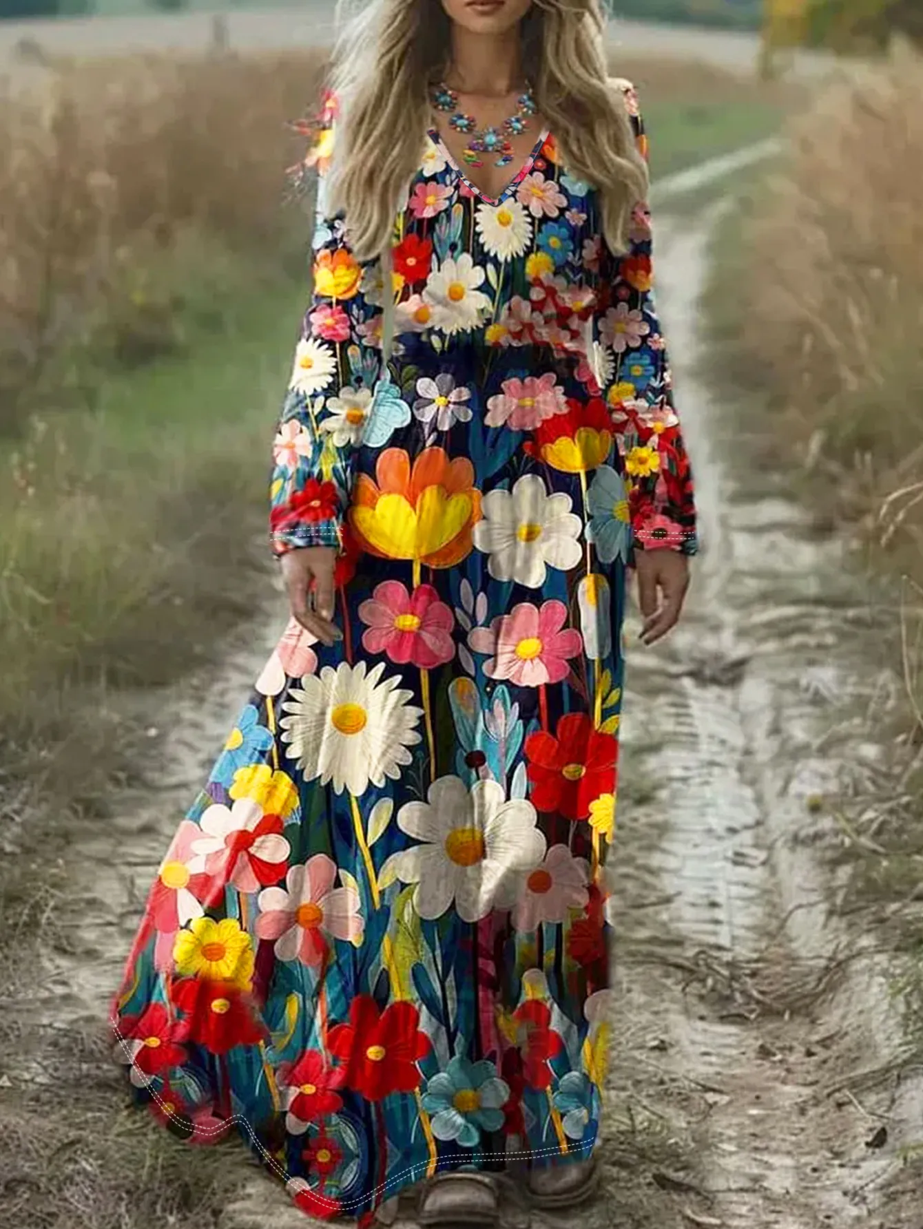 floral print v neck long sleeve maxi dress Warehouse Women's Floral Viscose V Neck Long Puff Sleeve Midi Dress
