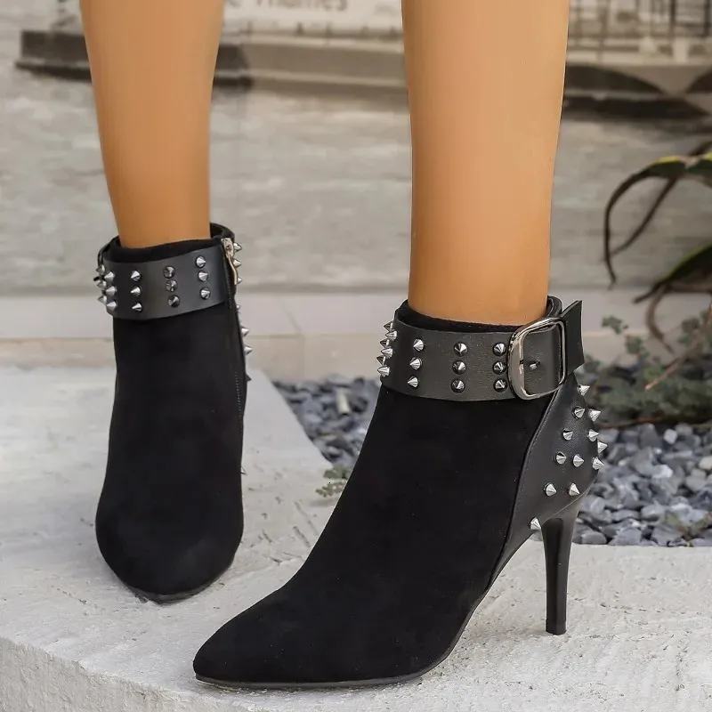 Autumnwinter Nieten-High Heels, sexy, figurschmeichelnd, modisch, spitze Zehenpartie, Stilettoabsatz, schlank, elegant, Damen-Kurzstiefel 251020_voghion.com