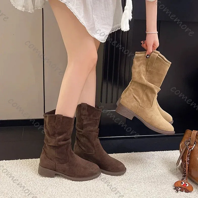 Suède Western laarzen met dikke hakken tot halverwege de kuit voor dames, lente/herfst, effen retrostijl 251020_voghion.com