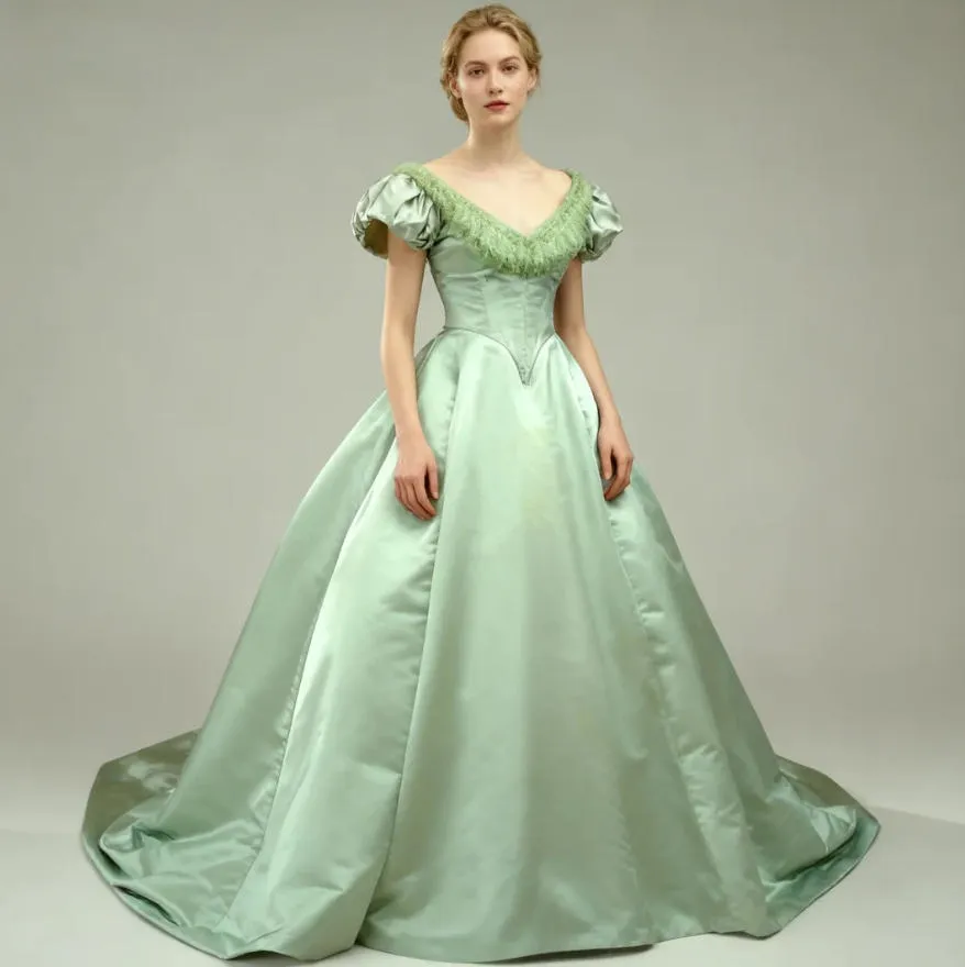vintage sage green prom dress Princess Dresses Short Sleeves Civil War Historical Evening sage green corset prom dress