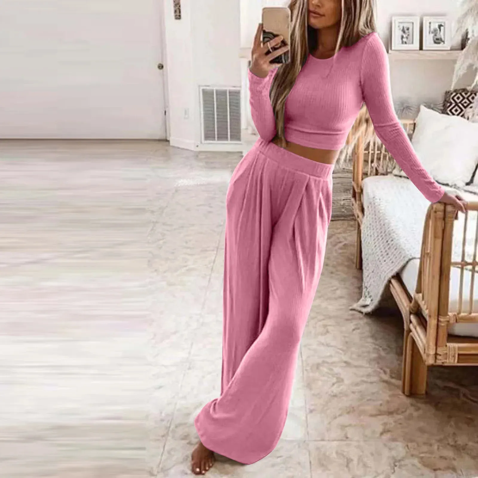 Pigiama Da Donna In Cotone Maglia 2 Pezzi - Set Maniche Lunghe Con Bottoni E Pantaloni Larghi, Loungewear Estivo Classico E Comodo