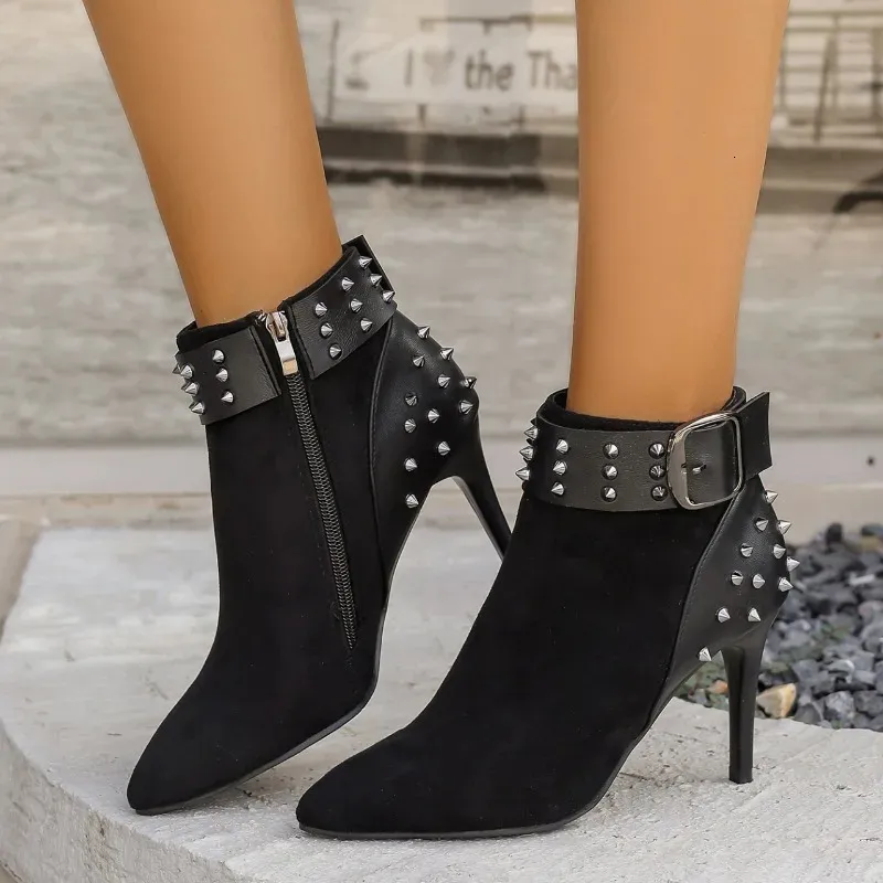 Autumnwinter Nieten-High Heels, sexy, figurschmeichelnd, modisch, spitze Zehenpartie, Stilettoabsatz, schlank, elegant, Damen-Kurzstiefel 251020_voghion.com
