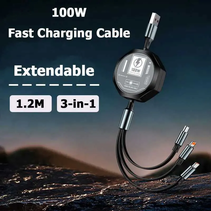 100W 3-in-1 Fast Charging Cable, Type-C Micro USB Cord for iPhone ...