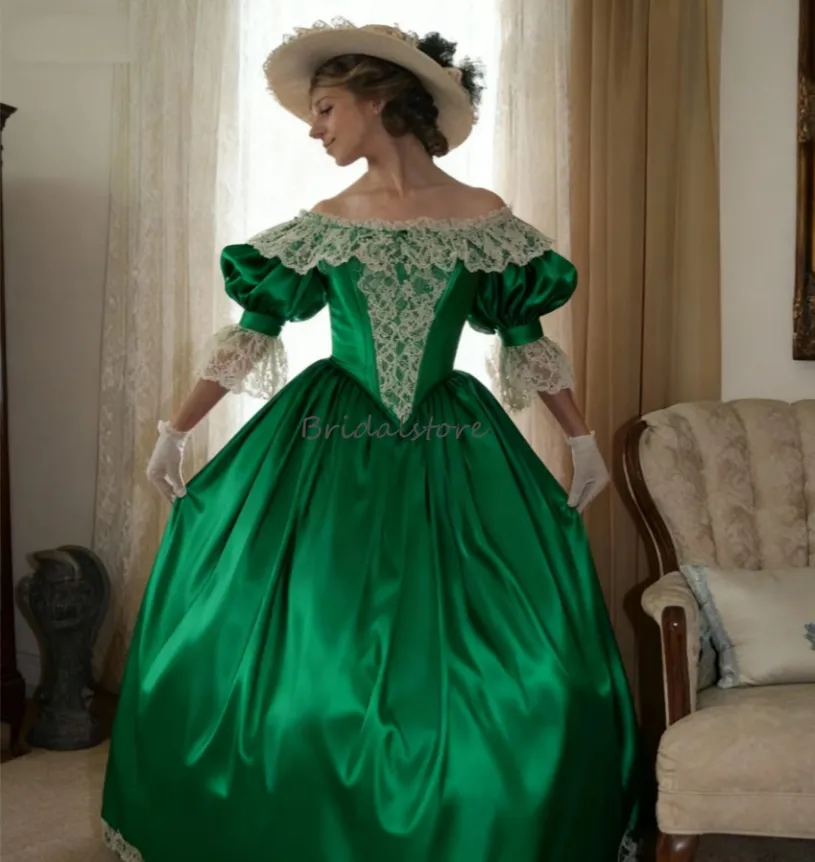 Civil War Green 1860s Evening Dress With Puff Sleeve Lace Silk Satin  Costume Prom Dress Retro LARP Medieval Formal Party Gowns 2026 Celtic  Reception ...