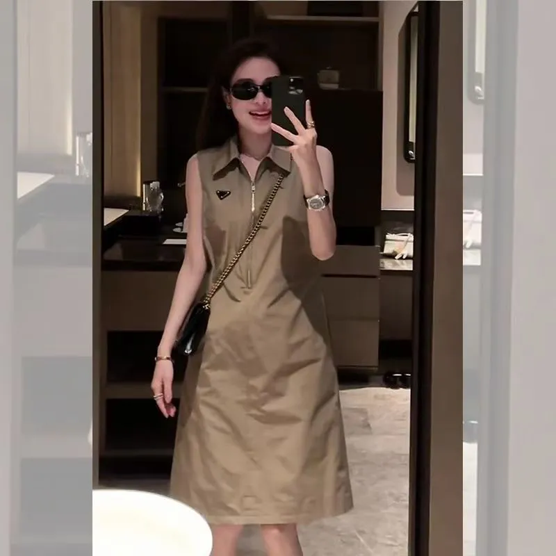 Khaki Shirt Dress Women Sleeveless Mini Skirt Casual Autumn Cotton Blend S-XL
