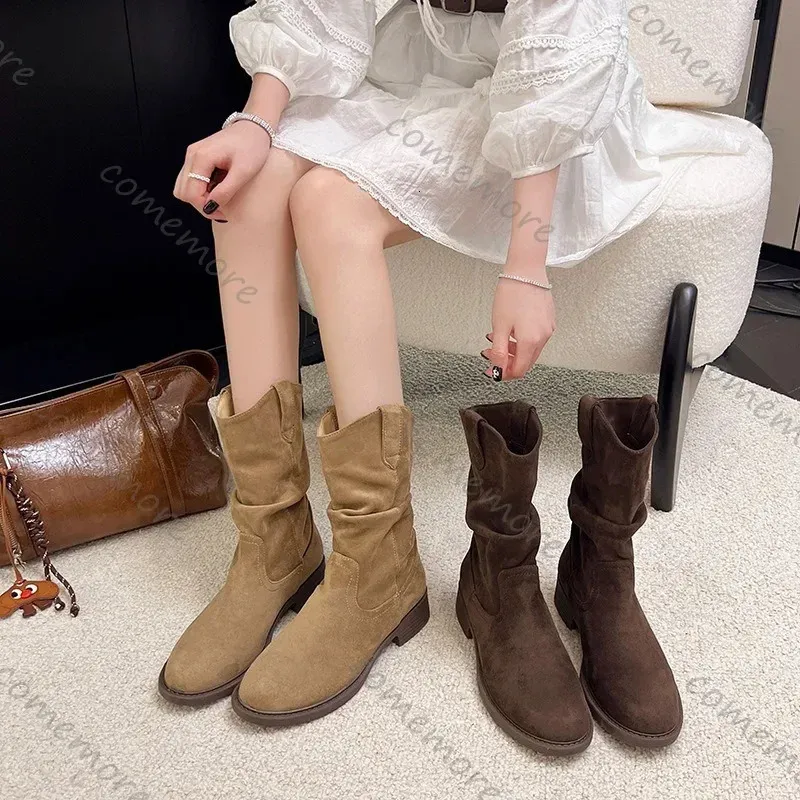 Suède Western laarzen met dikke hakken tot halverwege de kuit voor dames, lente/herfst, effen retrostijl 251020_voghion.com